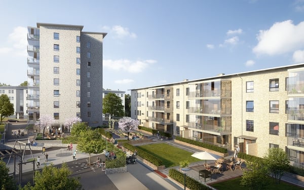 Bostadsgård med flerbostadshus, balkonger, grön innergård och lekplats i bostadsområde