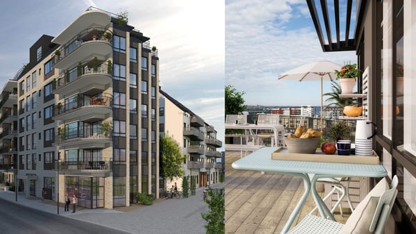 Inflyttningsklar lägenhet i modernt flerbostadshus med balkong och uteplats