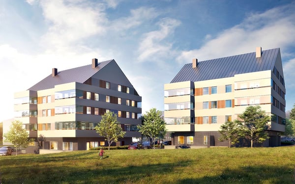 Illustration av två moderna flerbostadshus med grönyta och träd utanför