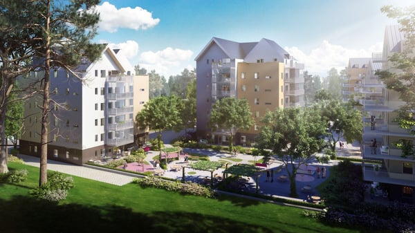Inflyttningsklar lägenhet med moderna flerbostadshus och grön innergård