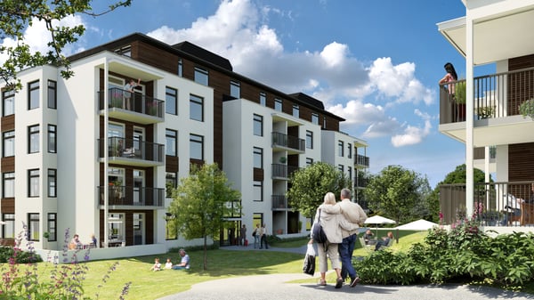 Illustration av moderna bostadshus med balkonger och grön innergård, där boende vistas utomhus
