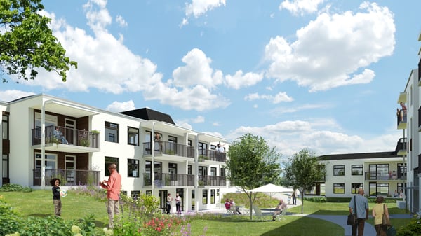 Illustration av flerbostadshus, gård och människor utomhus