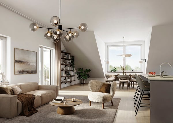 Modernt vardagsrum och matplats i öppen planlösning med ljusa möbler, stora fönster, väggkonst och en unik taklampa