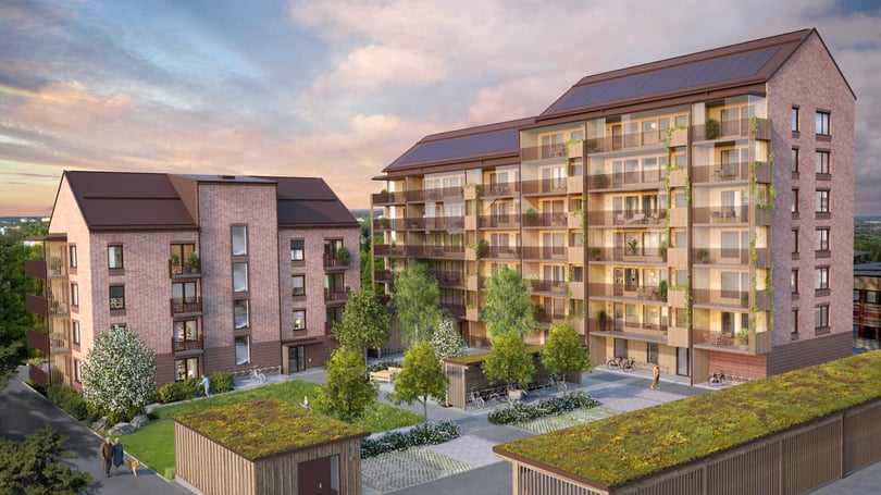Flerbostadshus, gårdsmiljö och grönskande innergård